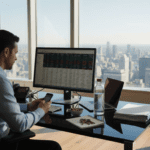 Man reviewing financial dashboard in city office