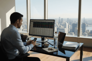 Man reviewing financial dashboard in city office
