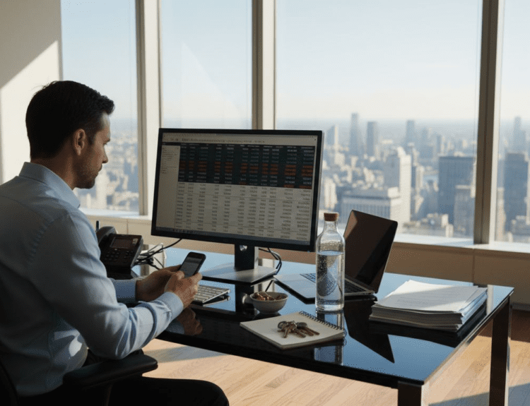 Man reviewing financial dashboard in city office