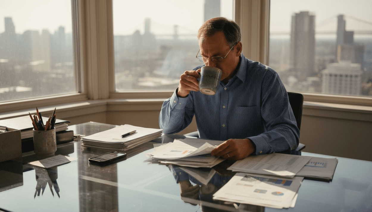 Middle-aged investor reviewing investment reports