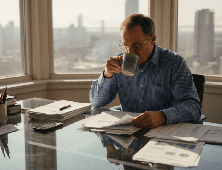 Middle-aged investor reviewing investment reports