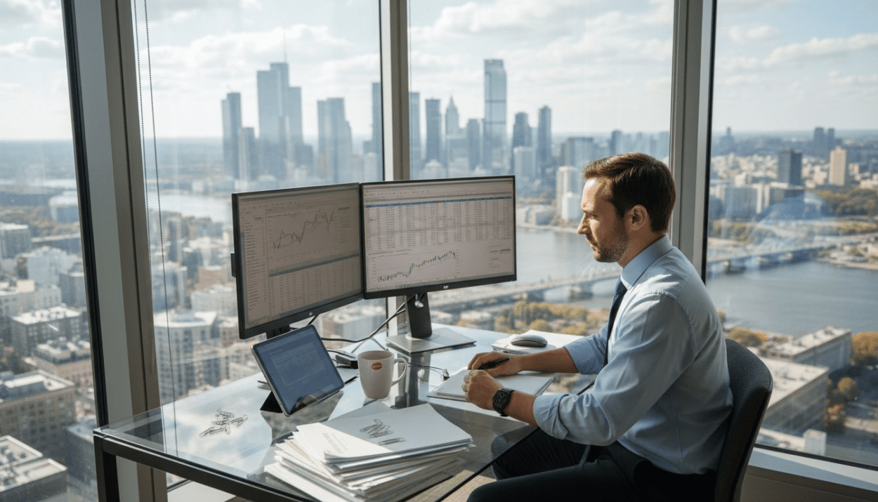 Bank analyst workspace with digital tools