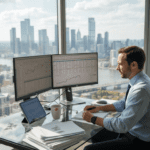 Bank analyst workspace with digital tools