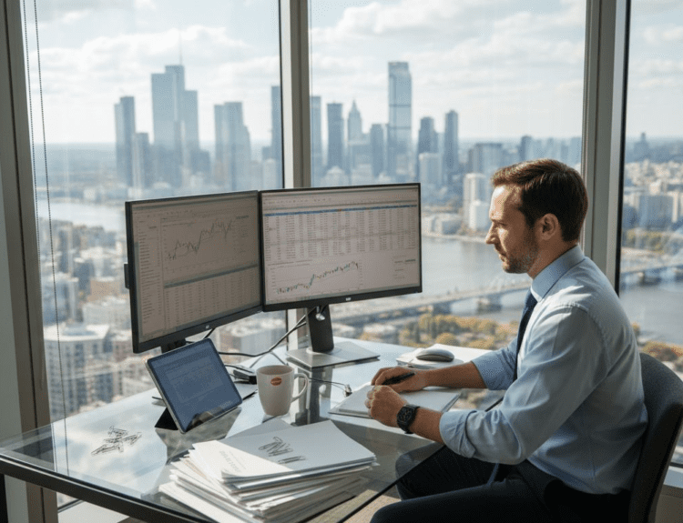 Bank analyst workspace with digital tools