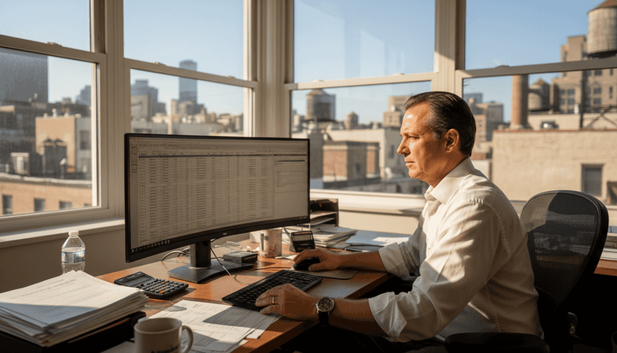 Man reviewing financial spreadsheet in office