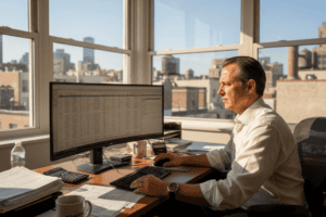 Man reviewing financial spreadsheet in office