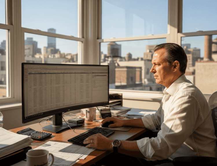 Man reviewing financial spreadsheet in office