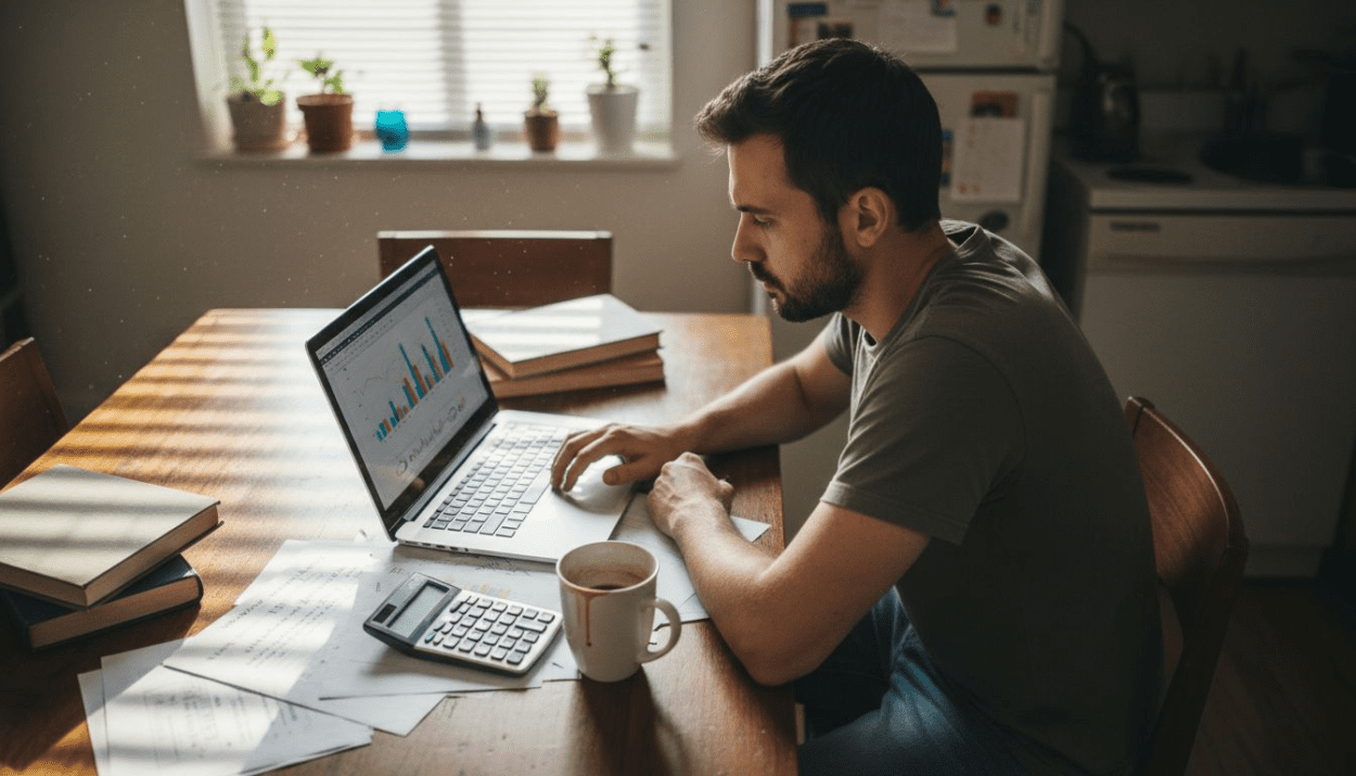 Young investor studying portfolio at cluttered table