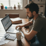 Young investor studying portfolio at cluttered table