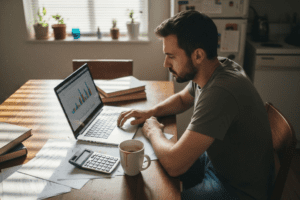 Young investor studying portfolio at cluttered table