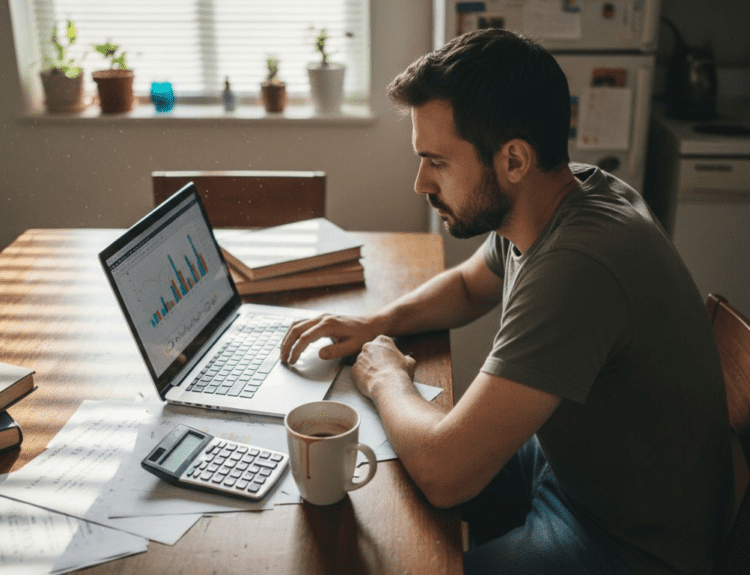 Young investor studying portfolio at cluttered table