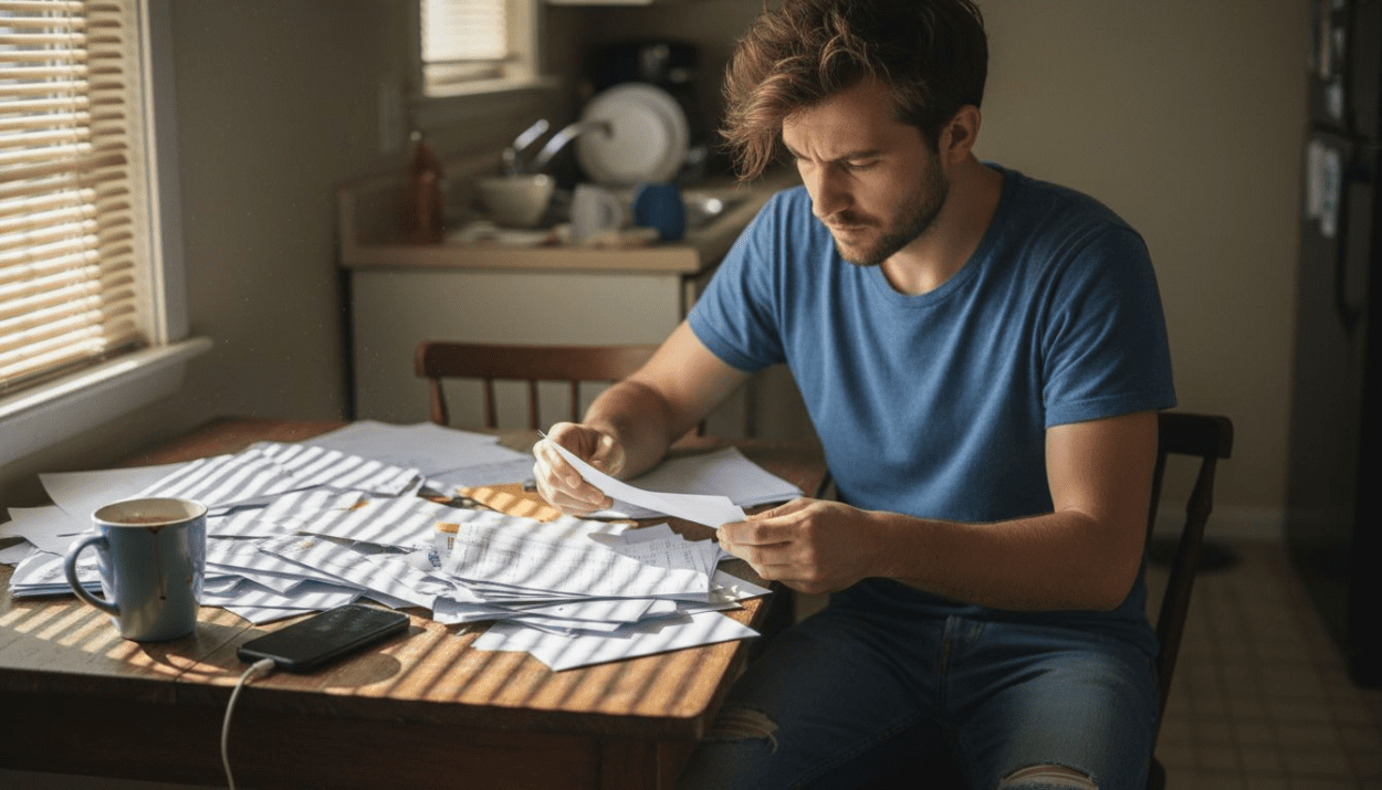 Man sorting bills at cluttered kitchen table