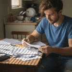 Man sorting bills at cluttered kitchen table