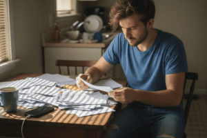 Man sorting bills at cluttered kitchen table