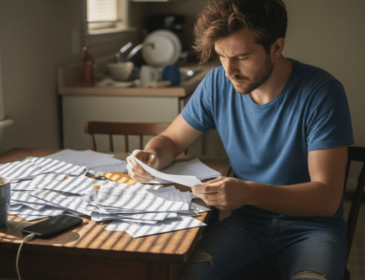 Man sorting bills at cluttered kitchen table