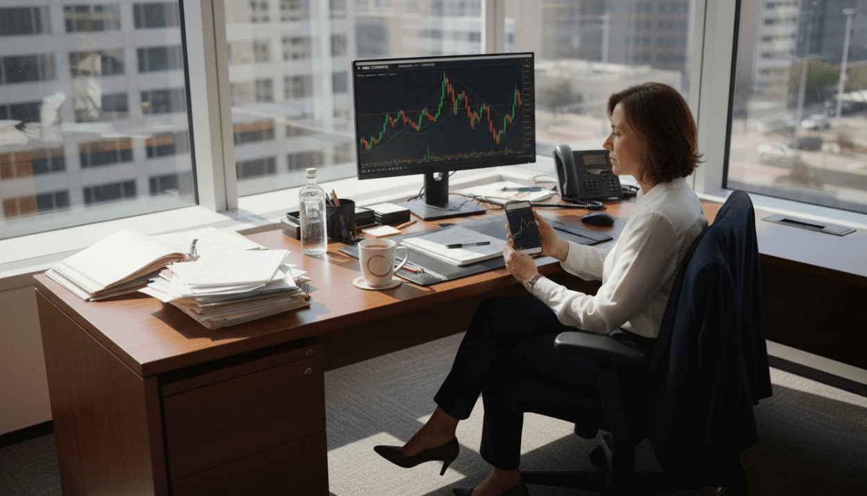 Investor viewing stock charts in corner office
