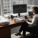 Investor viewing stock charts in corner office