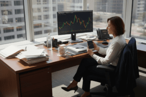 Investor viewing stock charts in corner office