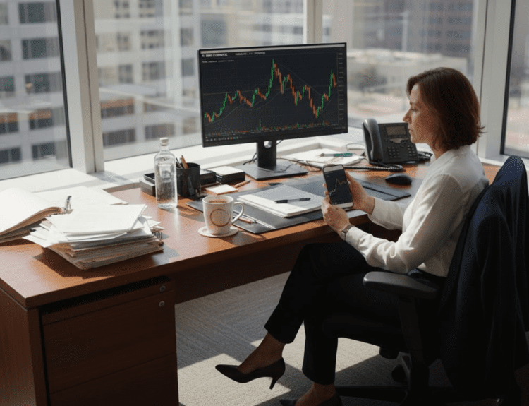 Investor viewing stock charts in corner office