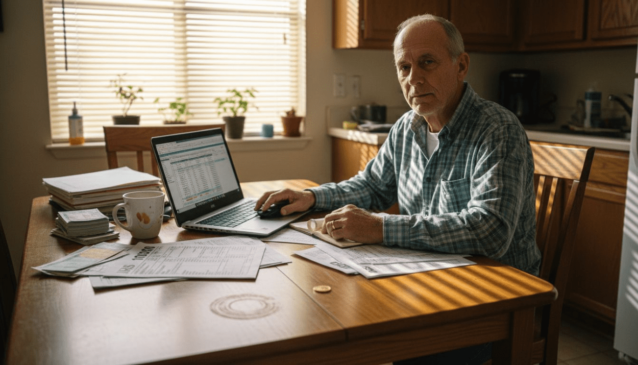 Man reviewing investments at kitchen table