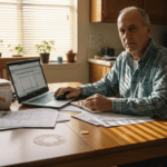 Man reviewing investments at kitchen table