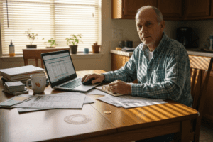 Man reviewing investments at kitchen table
