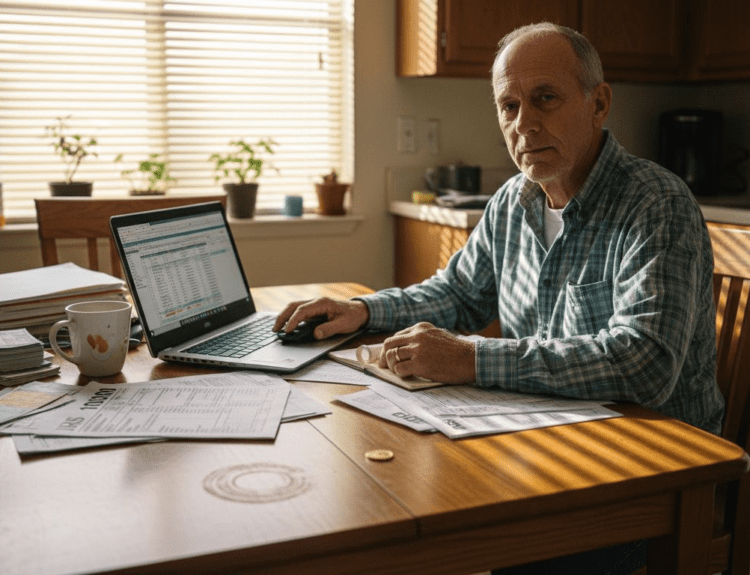 Man reviewing investments at kitchen table