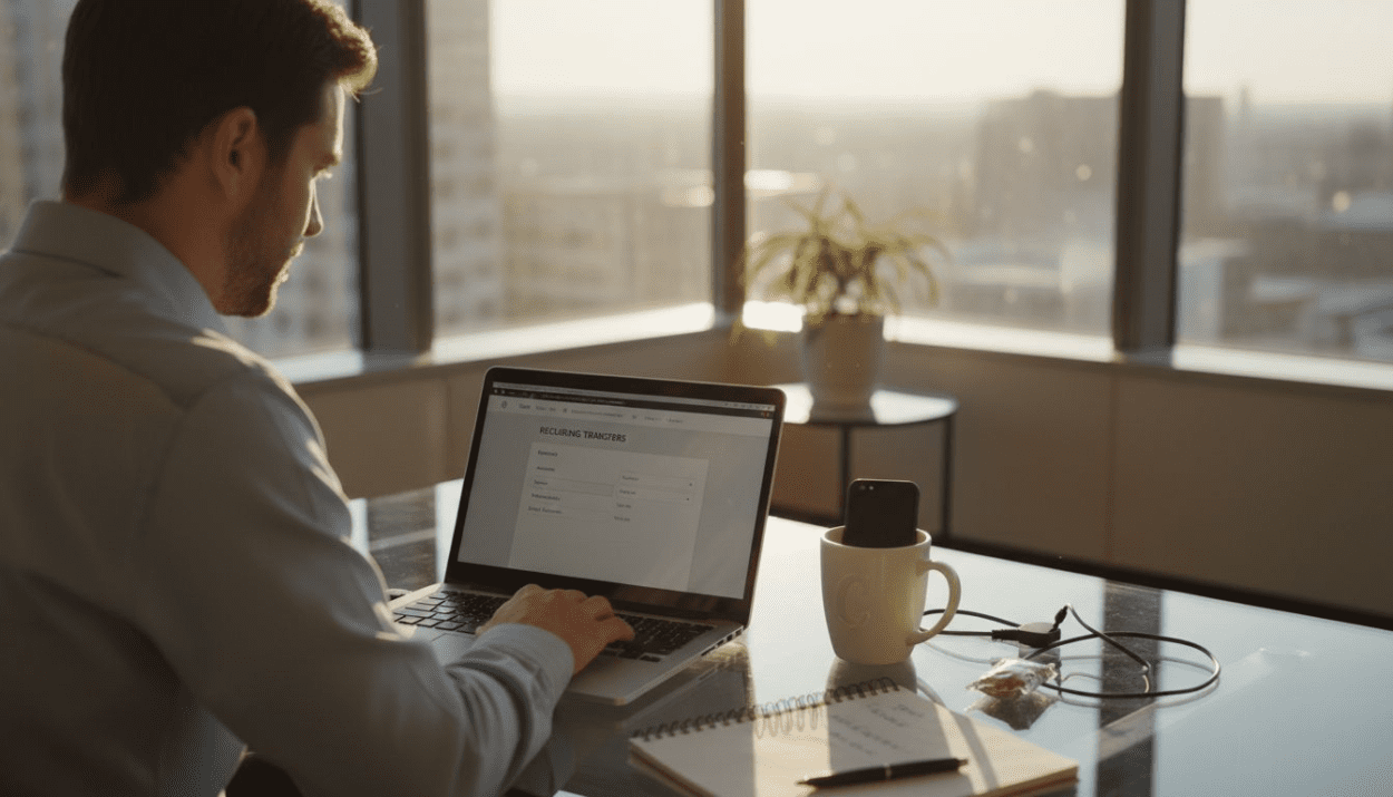 Man automating savings in corner office