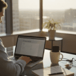 Man automating savings in corner office