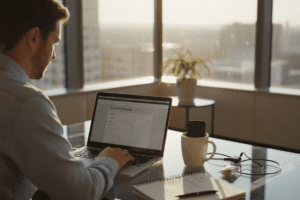 Man automating savings in corner office