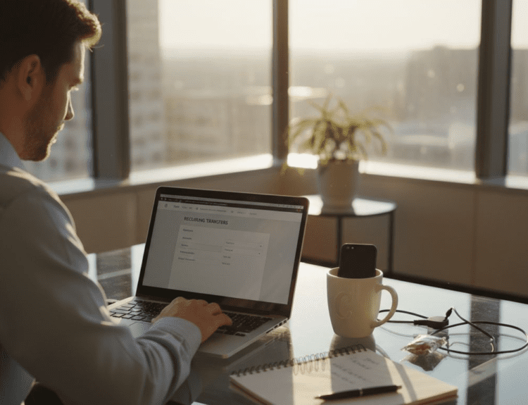 Man automating savings in corner office