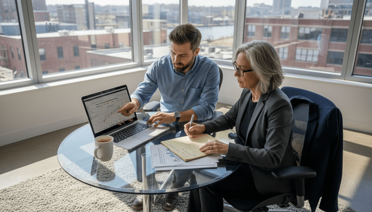 Analysts discussing ESG fund results in office