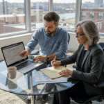 Analysts discussing ESG fund results in office