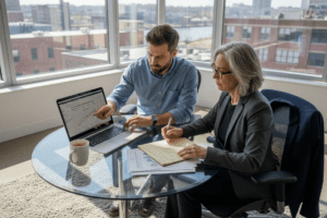 Analysts discussing ESG fund results in office