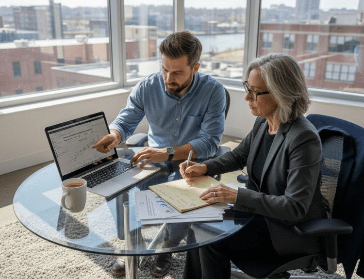 Analysts discussing ESG fund results in office