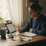 Woman reviewing expenses in modest home