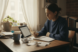 Woman reviewing expenses in modest home