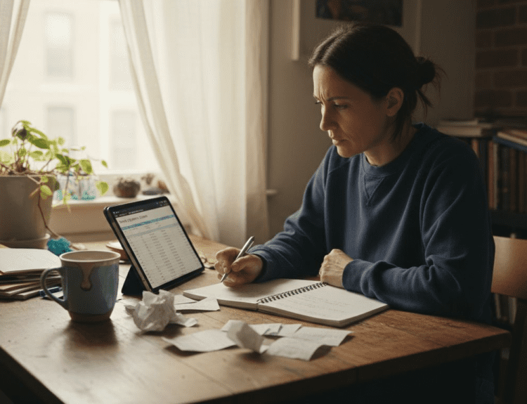 Woman reviewing expenses in modest home