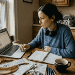 Young adult reviewing finances at home