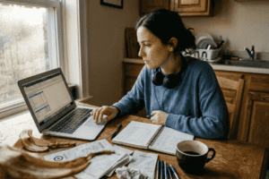 Young adult reviewing finances at home