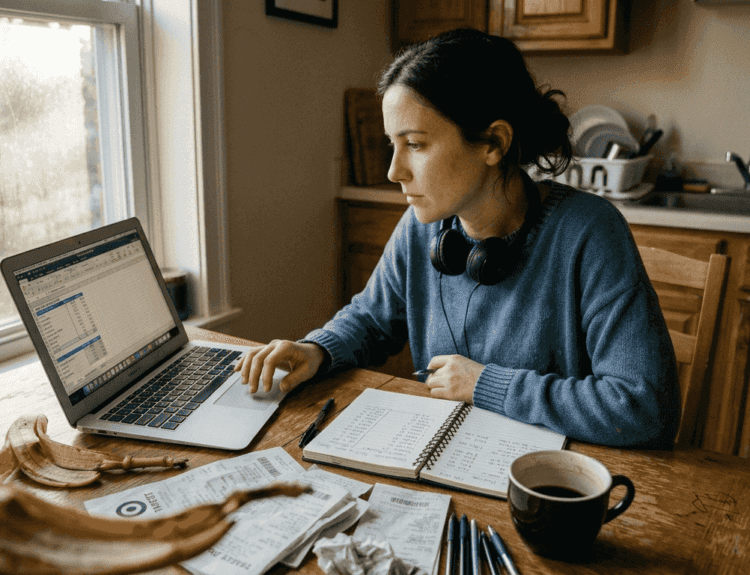 Young adult reviewing finances at home