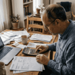 Man calculating divorce financial impact at table