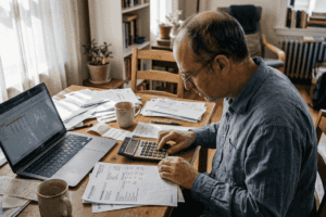Man calculating divorce financial impact at table