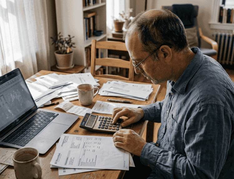 Man calculating divorce financial impact at table