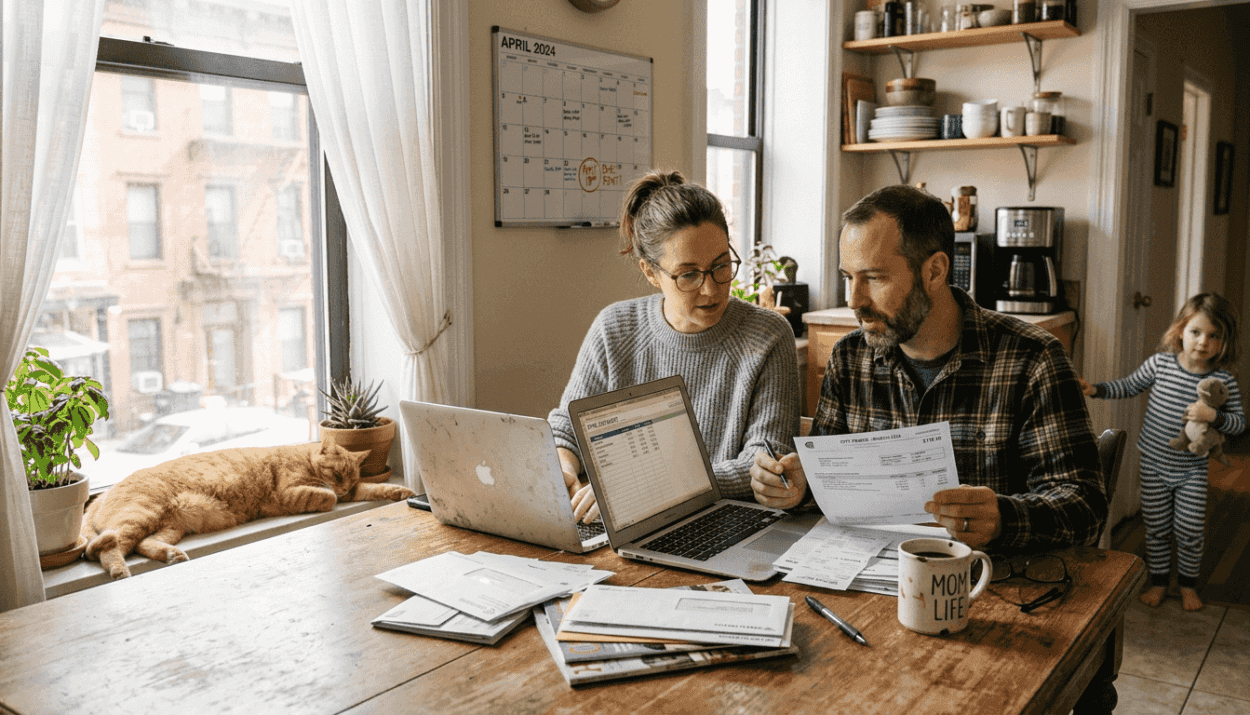 Family discussing finances at kitchen table