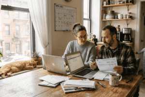 Family discussing finances at kitchen table