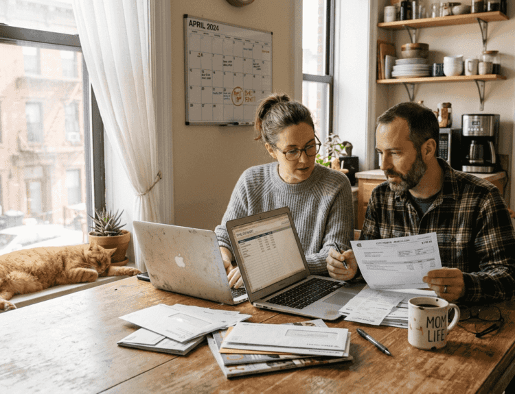 Family discussing finances at kitchen table