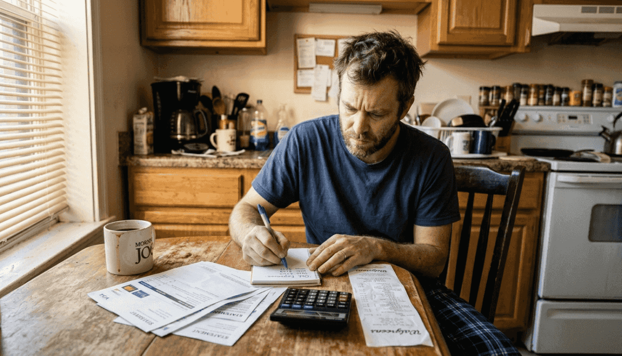 Man examining credit card statements at kitchen table