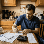 Man examining credit card statements at kitchen table