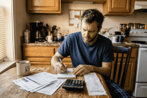 Man examining credit card statements at kitchen table